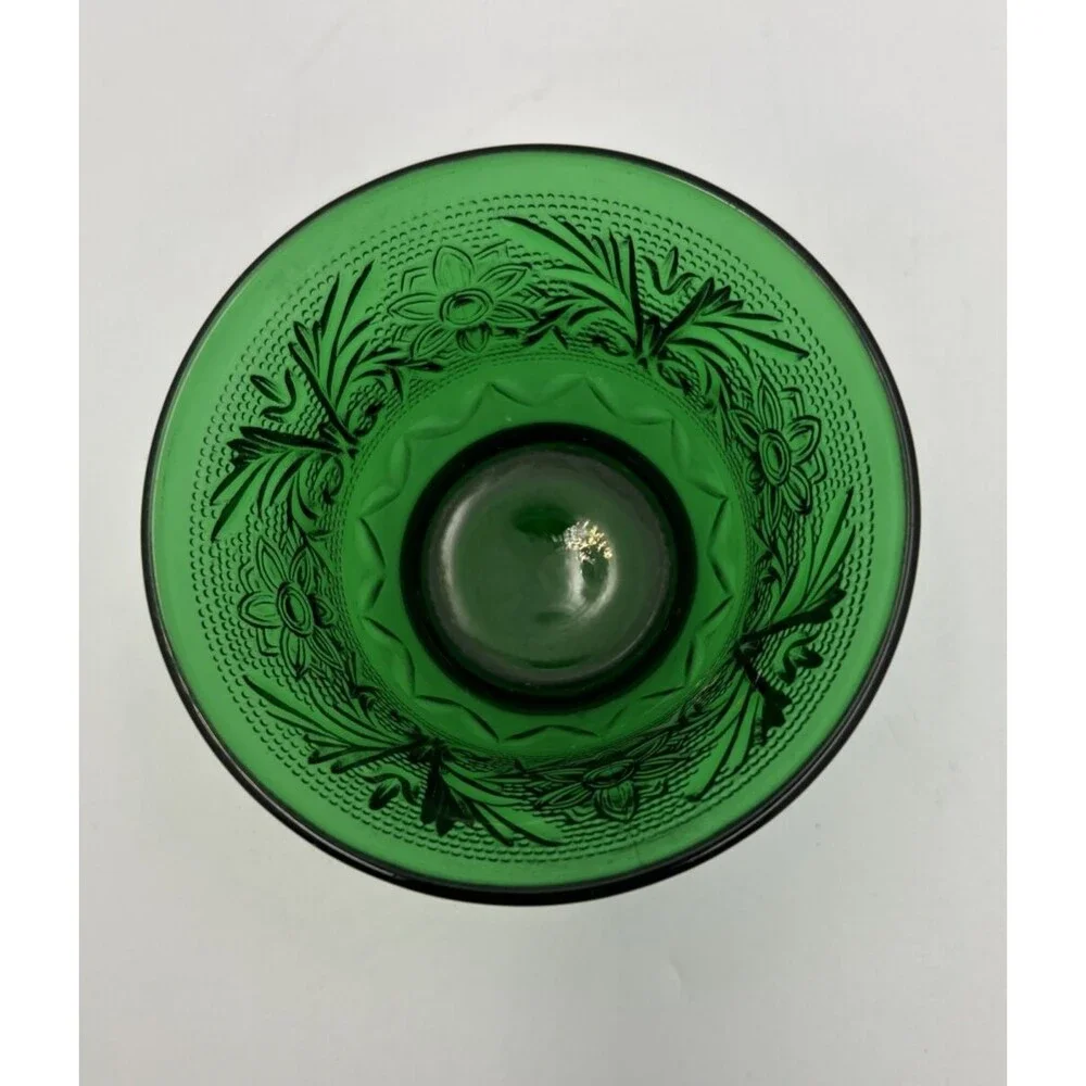 Vintage Emerald Green Pressed Glass Berry Dessert Bowls Floral Set of 2